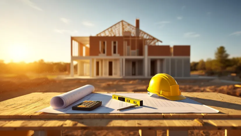 Plans, casque de chantier et calculatrice sur un chantier de construction